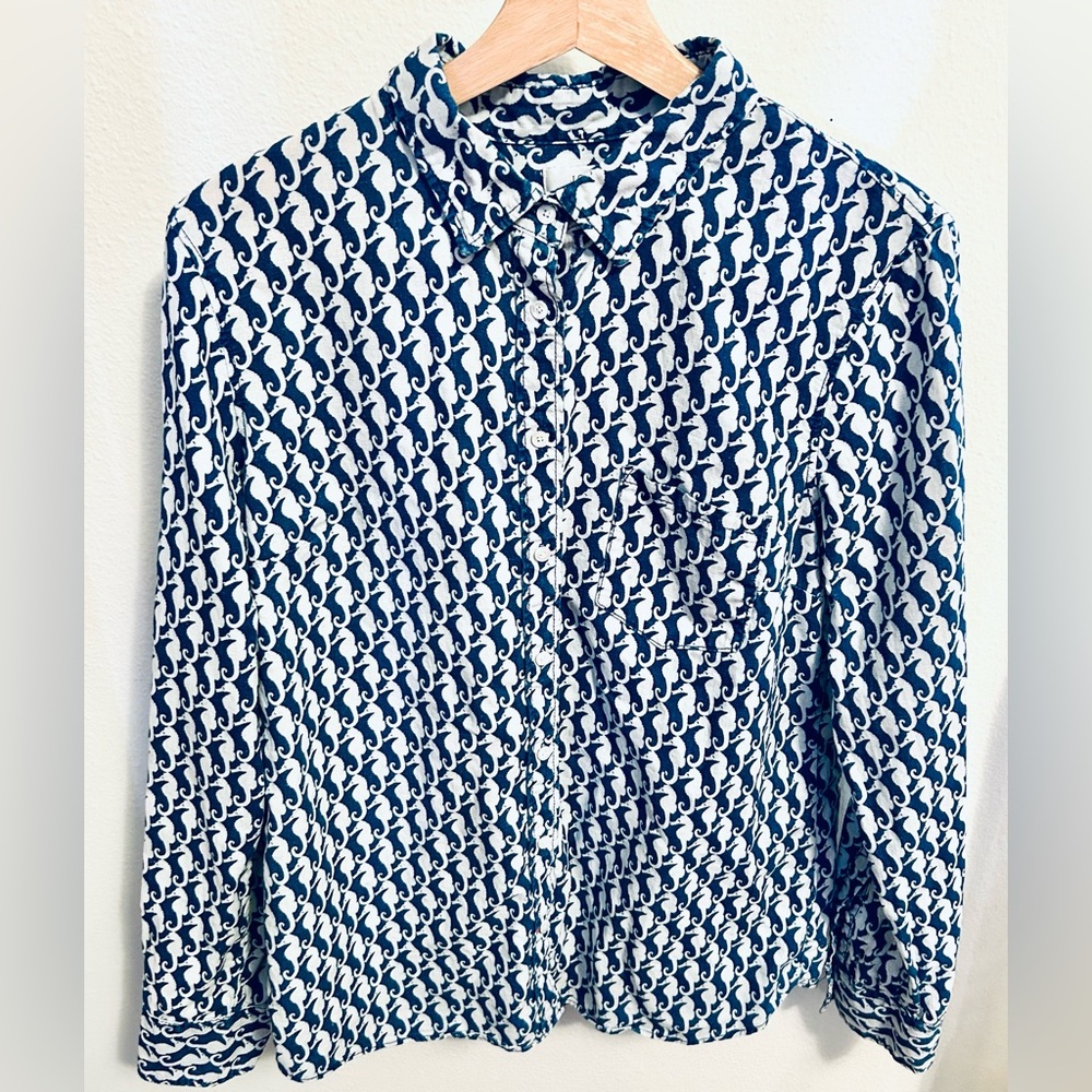 J.Crew Seahorse Print Shirt in size 12 linen indigo navy preppy Jenna Lyons